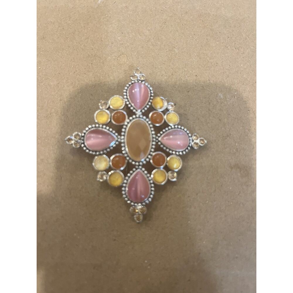 Silver Tone Pink Orange Yellow Floral Vintage Brooch Jewelry Lot I